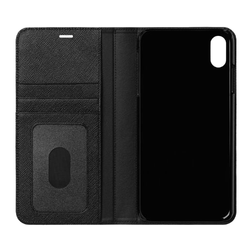 This Sartorial Flipside Case For Apple iPhone XS Max by Montblanc fits this specific phone and has space for bank cards inside the case.