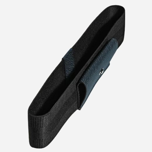 Side view of the Tweed Blue Sartorial Leather 1-Pen Loop with Elastic Strap.