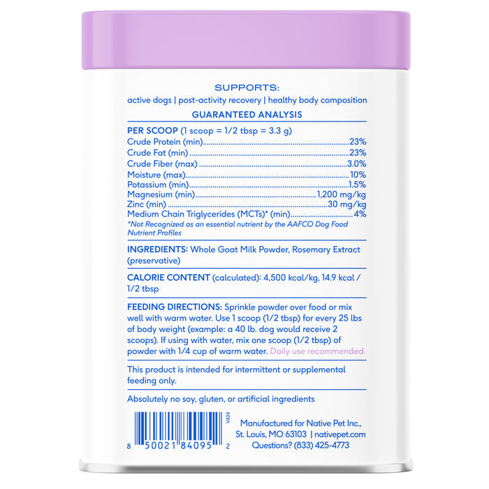 Native Pet Whole Goat Milk Powder Digestive, Recovery, & Energy Support for Active Dogs, 7 oz