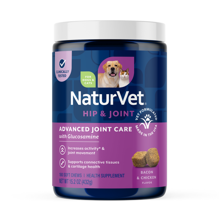 NaturVet Advanced Joint Care Hip & Joint Supplement for Dogs and Cats, Bacon and Chicken Flavor, 180 Count