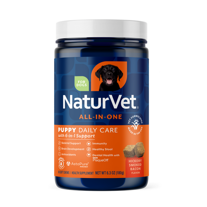 NaturVet Puppy Daily Care All-In-One Supplement for Dogs, 6-In-1 Support, Hickory Smoked Bacon Flavor, 60 Count