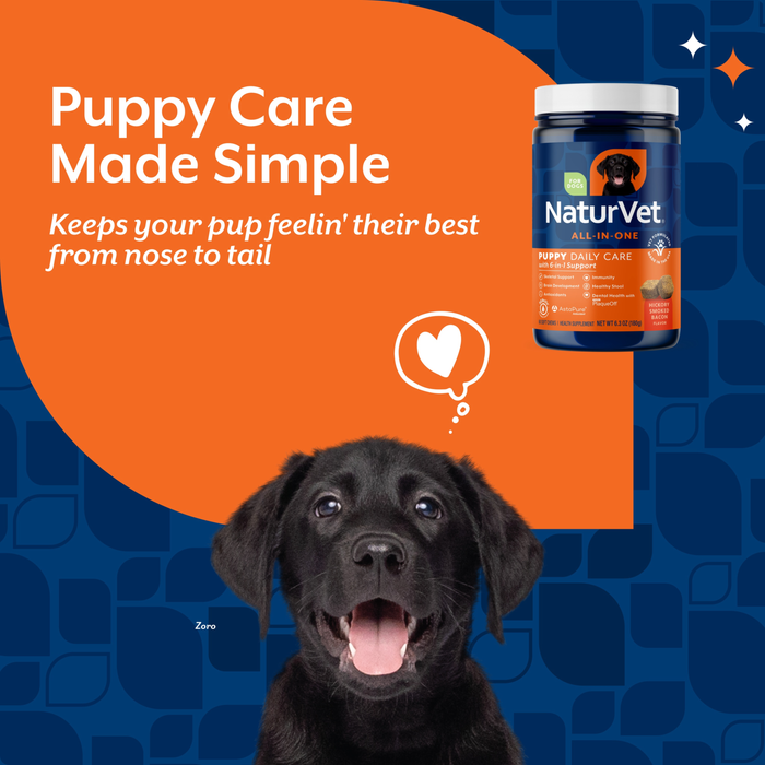 NaturVet Puppy Daily Care All-In-One Supplement for Dogs, 6-In-1 Support, Hickory Smoked Bacon Flavor, 60 Count