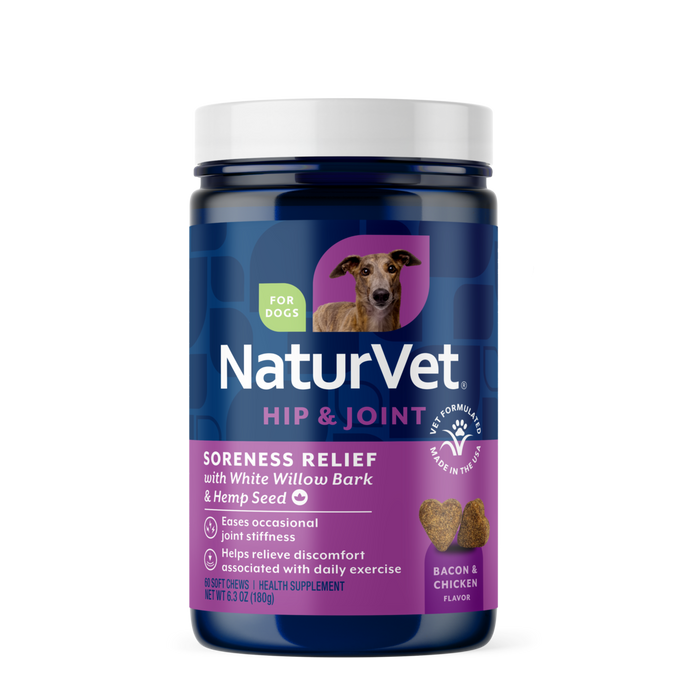 NaturVet Soreness Relief with Hemp Seed Hip & Joint Supplement for Dogs, Bacon and Chicken Flavor, 60 Count