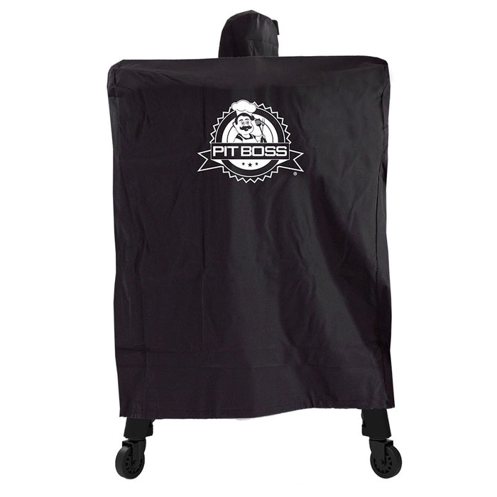 Pit Boss Navigator Vertical Wood Pellet Smoker BBQ Cover, black cover with white pit boss logo