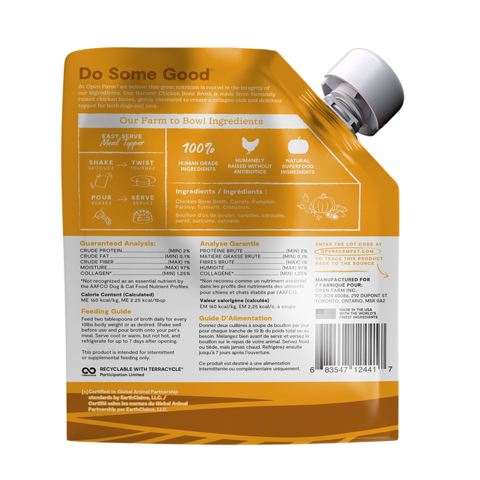 Open Farm Harvest Chicken Bone Broth for Dogs & Cats 12oz