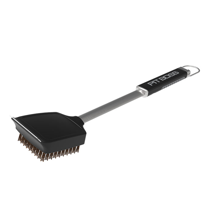 Pit Boss Palmyra Cleaning Brush and scraper for grills and smokers. Grey with Black handle and pit boss logo