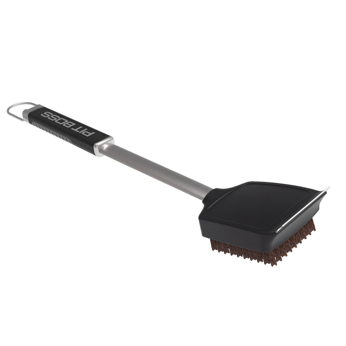 Pit Boss Palmyra Cleaning Brush and scraper for grills and smokers. Grey with Black handle and pit boss logo