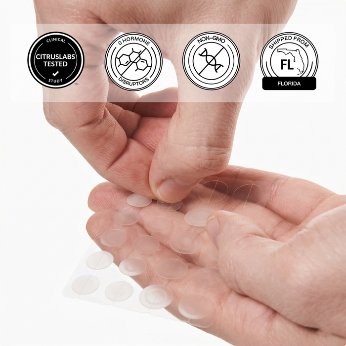 Hands peeling a Norse Organics acne patch from the sheet with clinical-test and non-GMO badges