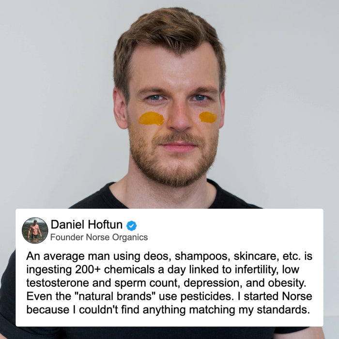 Norse Organics founder Daniel Hoftun beside a quote about avoiding everyday chemicals in skincare