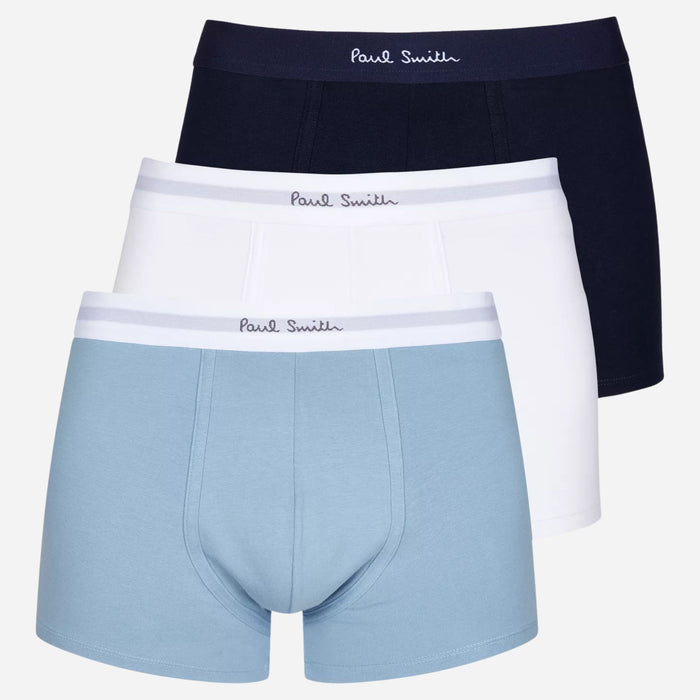 The Paul Smith 3-Pack Men's Blue and White Cotton Trunks with Waistband Logo by Paul Smith.