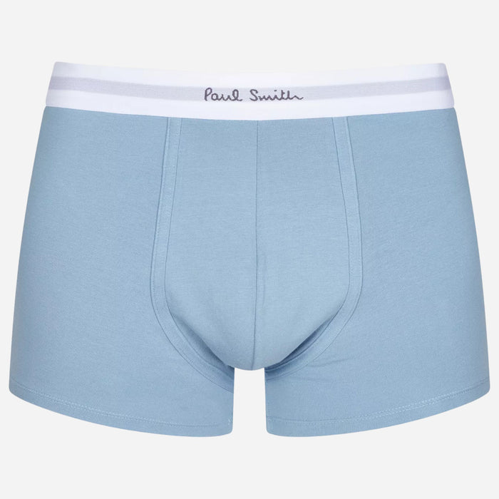 Light blue pair from the Paul Smith 3-Pack Men's Blue and White Cotton Trunks with Waistband Logo.