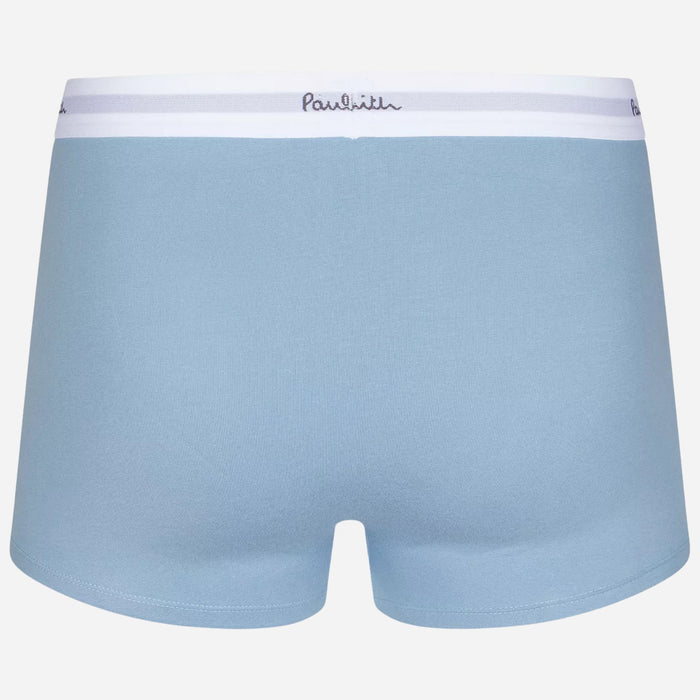 Back view of the light blue pair from the Paul Smith 3-Pack Men's Blue and White Cotton Trunks with Waistband Logo.