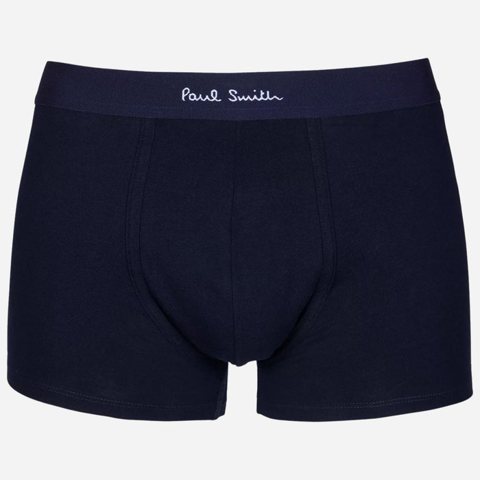 Navy blue pair from the Paul Smith 3-Pack Men's Blue and White Cotton Trunks with Waistband Logo.
