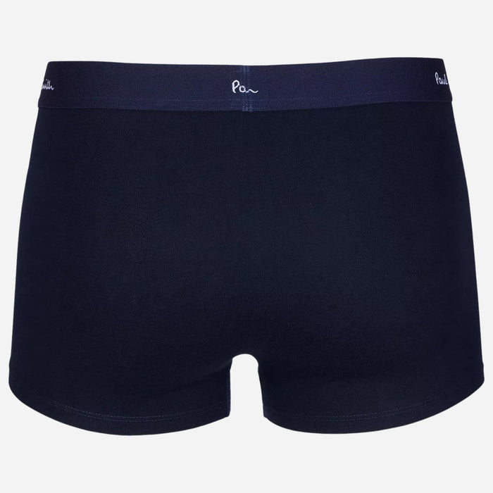 Back view of the navy blue pair from the Paul Smith 3-Pack Men's Blue and White Cotton Trunks with Waistband Logo.