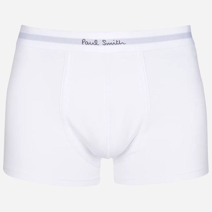 White pair from the Paul Smith 3-Pack Men's Blue and White Cotton Trunks with Waistband Logo.