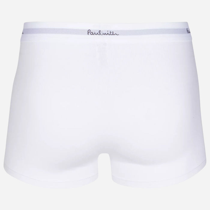 Back view of the white pair from the Paul Smith 3-Pack Men's Blue and White Cotton Trunks with Waistband Logo.