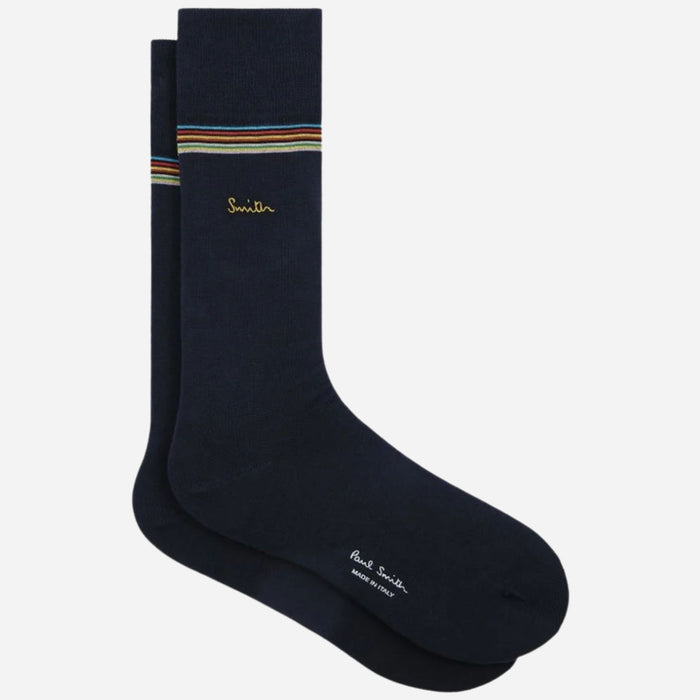 The dark blue pair from the Paul Smith 3-Pack Signature Stripe Mid-Calf Socks with Gold Logo.