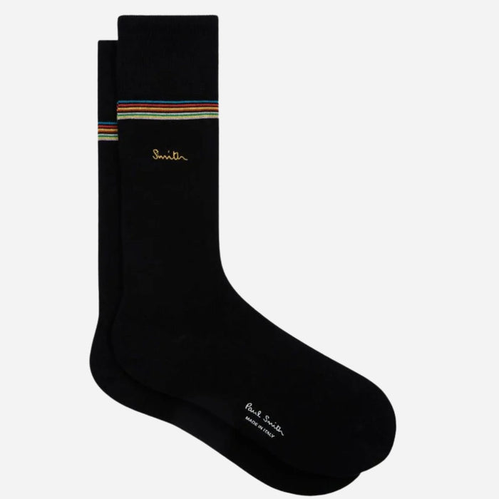 The black pair from the Paul Smith 3-Pack Signature Stripe Mid-Calf Socks with Gold Logo.