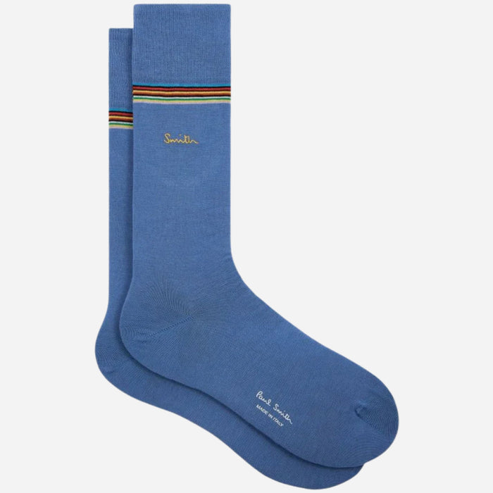 The light blue pair from the Paul Smith 3-Pack Signature Stripe Mid-Calf Socks with Gold Logo.
