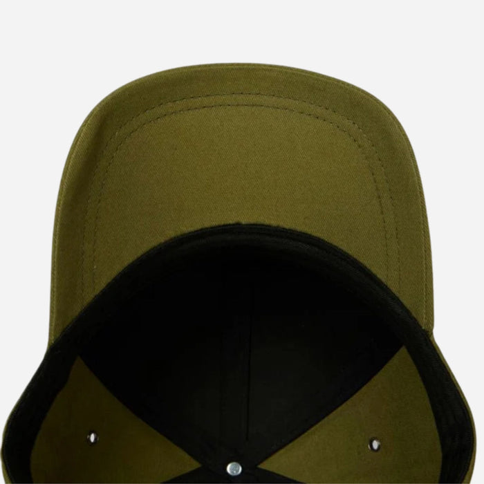Underneath the peak of the Paul Smith Army Green Seasonal Cotton Cap with Signature Stripe Zebra Logo.