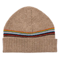 This Beige 'Signature Stripe' Block Lambswool Beanie Hat by Paul Smith has a stripe design across the middle which contrasts with the plain beige.