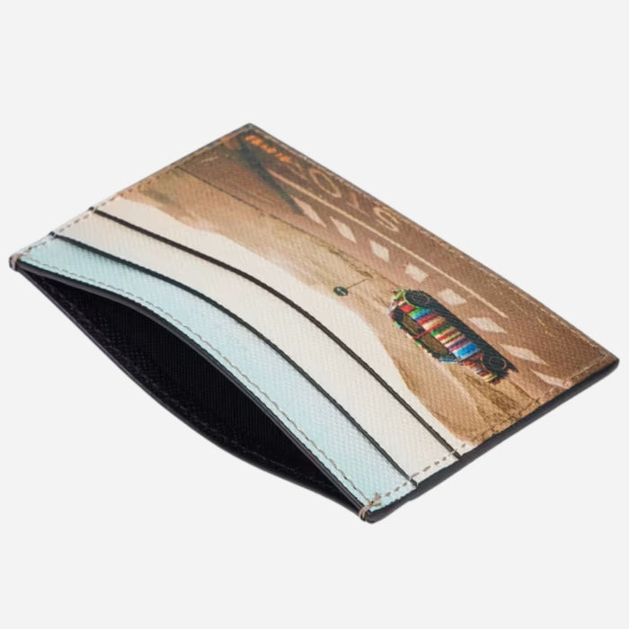 Top view of the Paul Smith Black Leather Credit Card Holder with 'Desert Mini' Print.