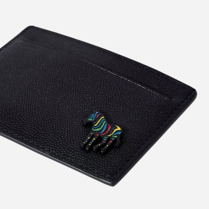 Close up of the Signature Stripe zebra logo on the Paul Smith Black Leather Credit Card Holder with Striped Zebra Logo.