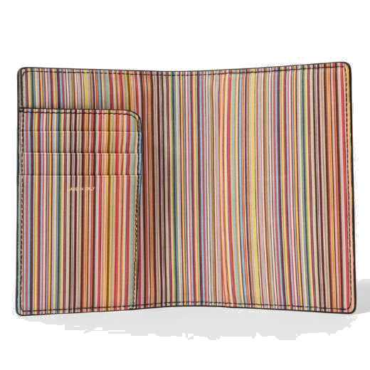This Paul smith Black Leather Signature Stripe Passport Holder has 3 card slots along with an open slot and a space to insert your passport.