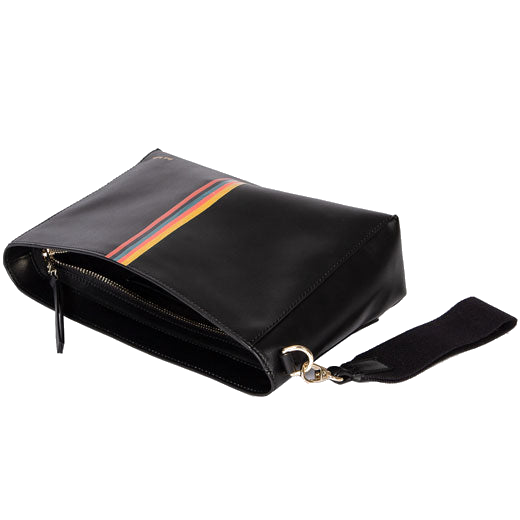 This Paul Smith Black Leather Wash Bag with Painted Stripe Detailing comes with a detachable wrist strap.