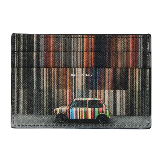 This Black 'Mini Stripe' Print 3CC Leather Card Holder by Paul Smith has a printed design on one side and saffiano leather on the reverse.