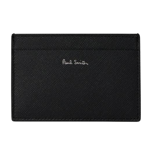 Paul Smith's Black 'Mini Stripe' Print 3CC Leather Card Holder has the brand name embossed on the black saffiano leather side.