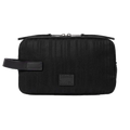 This Black Shadow Stripe Wash Bag by Paul Smith has a striped exterior with a black metal plaque on the front with the signature name.