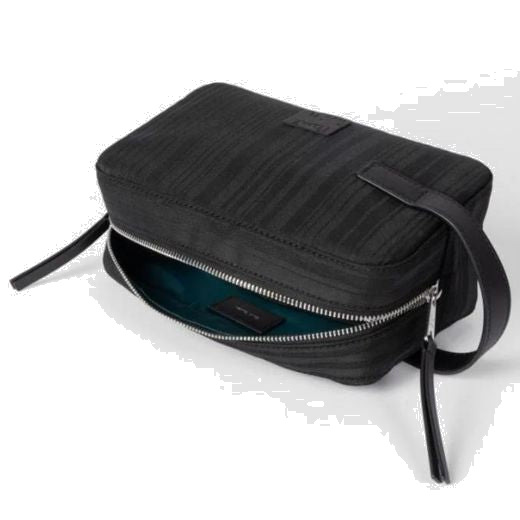 Paul smith's Black Shadow Stripe Wash Bag has a green lining with cowhide leather trims around the bag.