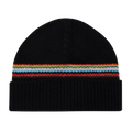 This Paul Smith Black 'Signature Stripe' Block Lambswool Beanie Hat features a stripe design across the middle with a turned-up edge in ribbed knit.