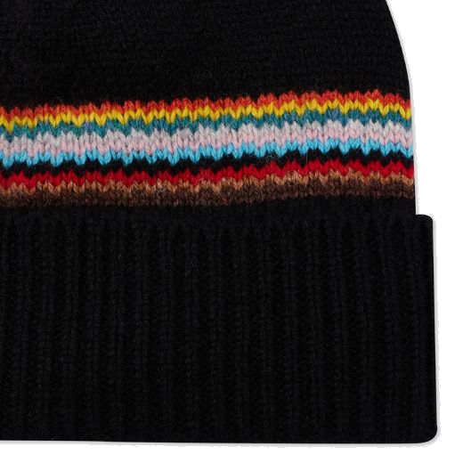 This Black 'Signature Stripe' Block Lambswool Beanie Hat by Paul Smith has a ribbed knit with a turned-up edge so you can stay warm during the winter months.