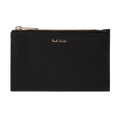 Paul Smith's Black 'Signature Stripe' Leather 4CC Zip Pouch has gold hardware to match the brand name in gold foiling.