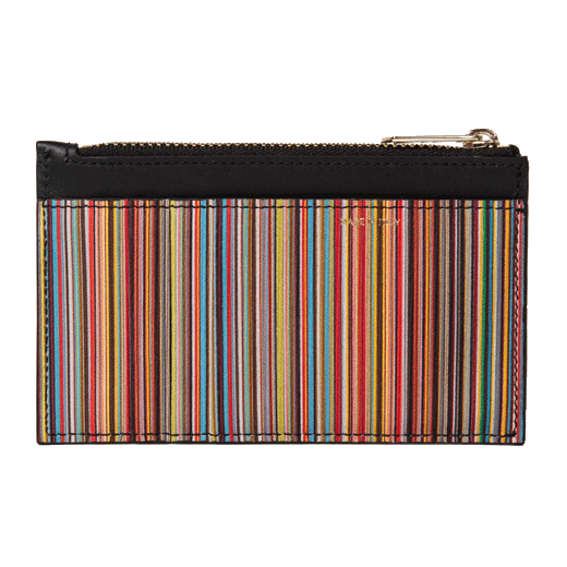 This Black 'Signature Stripe' Leather 4CC Zip Pouch by Paul Smith has 4 card slots so you can stay organised without having a heavy wallet.