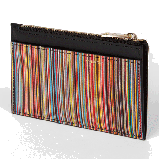 Paul Smith's Black 'Signature Stripe' Leather 4CC Zip Pouch has a tie-shape zip pull with the Paul Smith brand name.