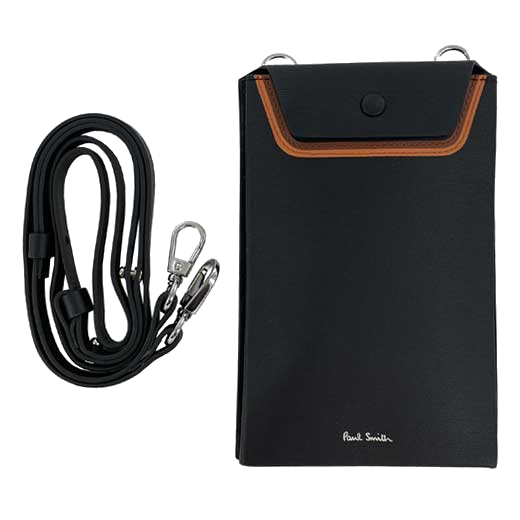The Paul Smith black leather phone holder comes with a detachable neck strap.