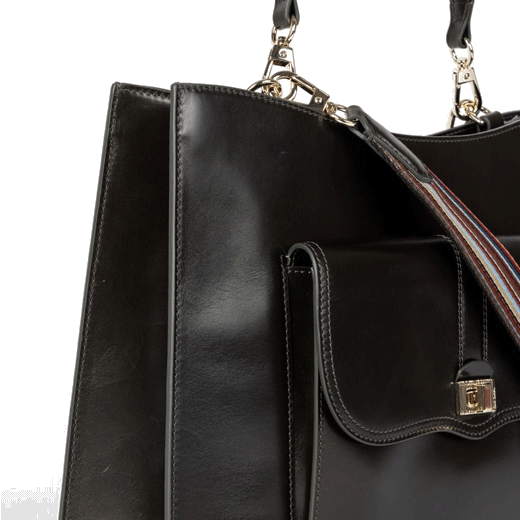 This Paul Smith Brown Double Leather 'Signature Stripe' Bag has gold hardware that has been engraved with the Paul Smith brand name.