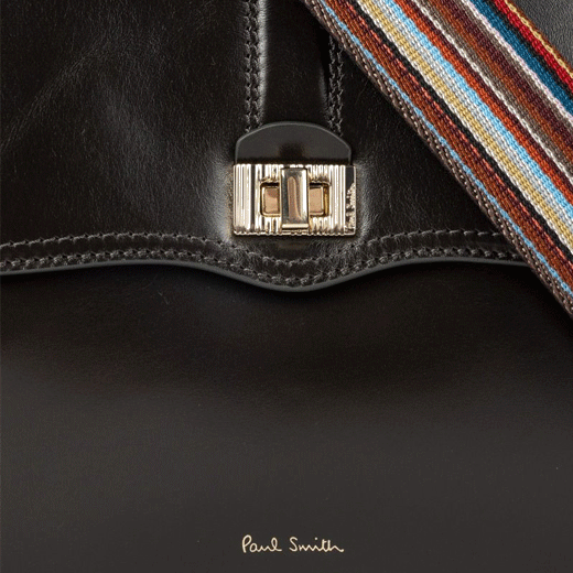 This Brown Double Leather 'Signature Stripe' Bag has the Paul Smith brand name embossed on the front in gold foiling to match the gold hardware.