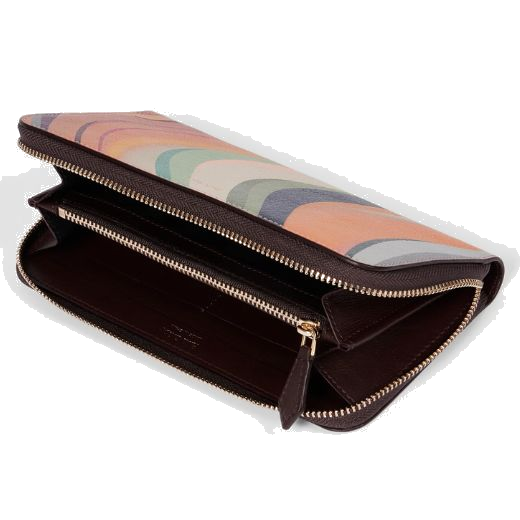 This 'Dusky Swirl' Leather Large Zip-Around Purse by Paul Smith has a burgundy leather interior with gold trims.