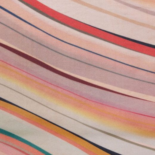 This Paul Smith Dusky Swirl Squared Silk Twill Scarf has a soft swirl print with a variety of muted colours of green, gold, peach, blue, and brown.