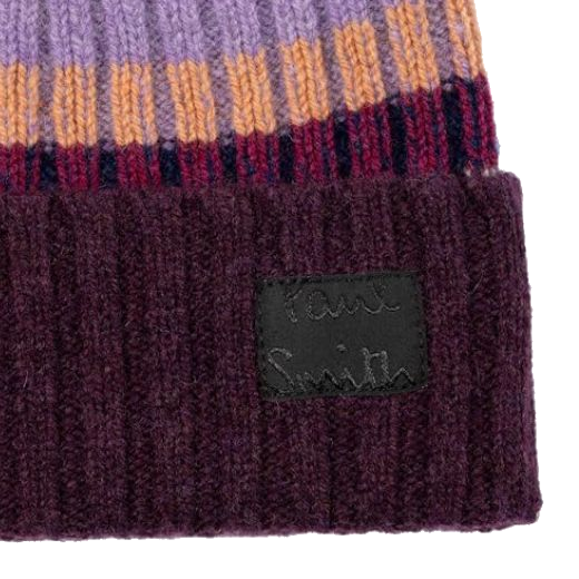 This Paul Smith Freya Stripe Knit Purple Lambswool Beanie Hat has the signature brand name on the turn-up edge with a black label stitched subtly.