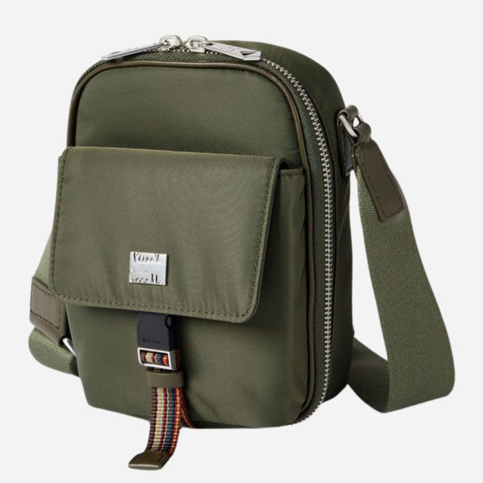 Side view of the Paul Smith Green Recycled Nylon Small Flight Bag with Signature Stripe Trims.