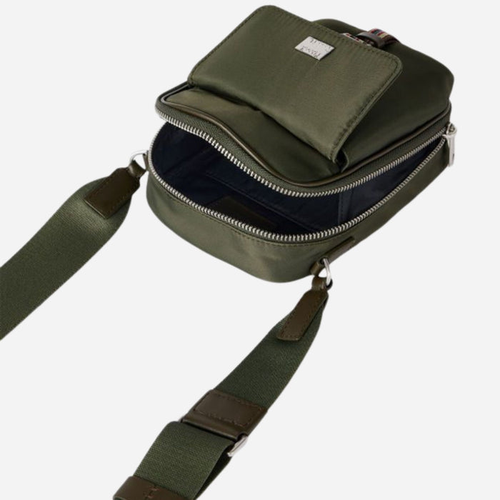 Inside the Paul Smith Green Recycled Nylon Small Flight Bag with Signature Stripe Trims.
