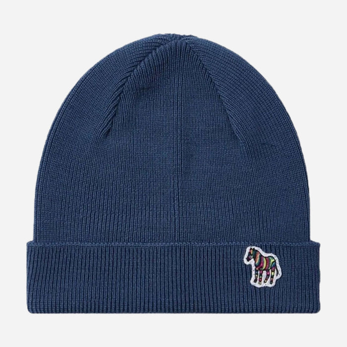The Paul Smith Grey Blue Wool Beanie with Signature Stripe Zebra Logo by Paul Smith.