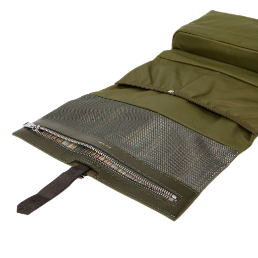 This Khaki Nylon & Leather Trim Wash Bag by Paul Smith has a mesh compartment inside with a zip closure and the Signature Stripe lining.