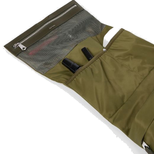 This Khaki Nylon & Leather Trim Wash Bag by Paul Smith can fit multiple toiletries inside the various compartments.