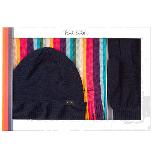 This Paul Smith Men's Artist Stripe Scarf, Navy Gloves & Hat Gift Set will be presented inside a window gift box.